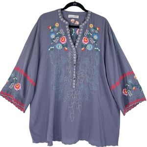 St Latina Embroidered Tunic Top Sz XXL Grey Floral Boho